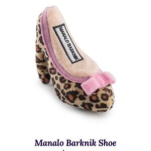 ManoloBarknik.  Fun play on Manolo Blahnik High heel plush squeaky dog toy.